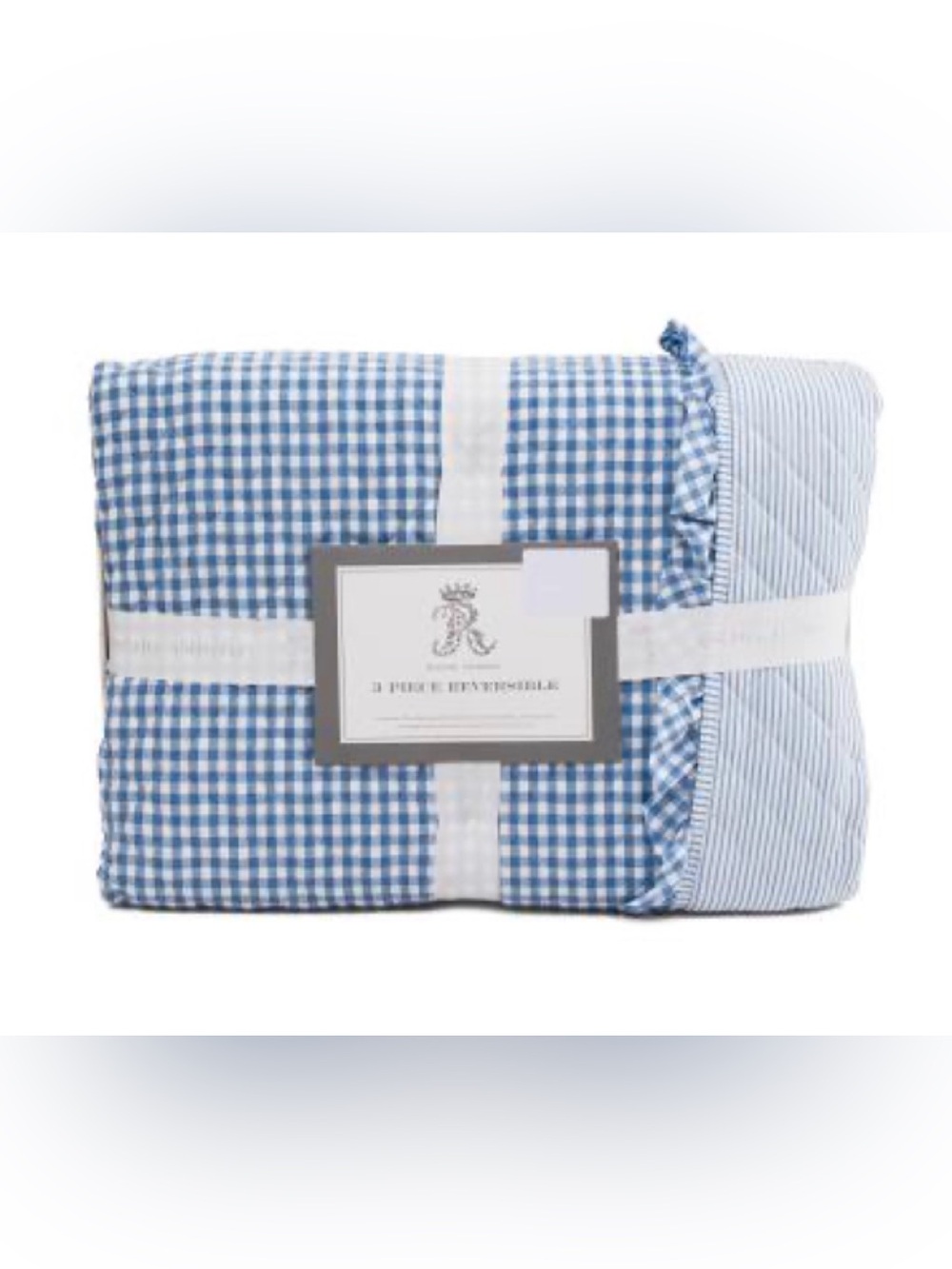 Rachel Ashwell King Reversible Quilt Set Blue/White Gingham, Pin Stripes &Ruffle
